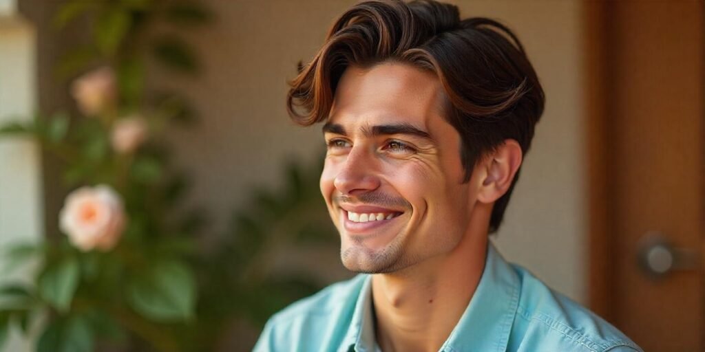 Young man with shiny curtain waves hairstyle featuring zigzag parting, soft curls, and polished finish in romantic background