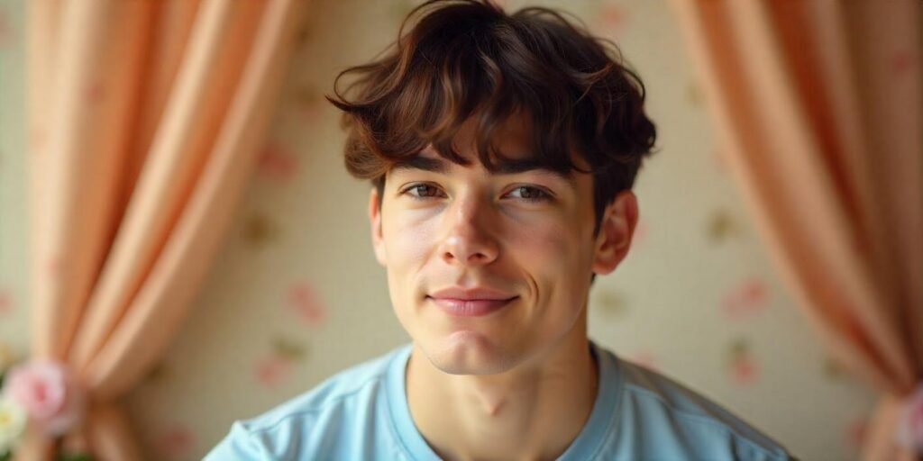 Young man with full fringe hairstyle covering forehead and temples, soft pastel blue shirt, romantic background, healthy shiny hair
