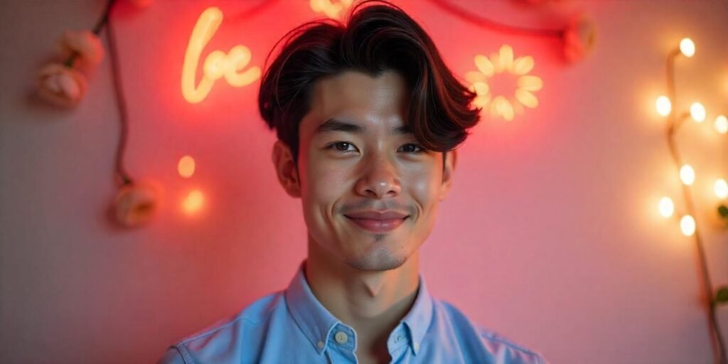 Realistic photo of boy with straight, volumized hair, side part, smooth finish, wearing light blue shirt in romantic background