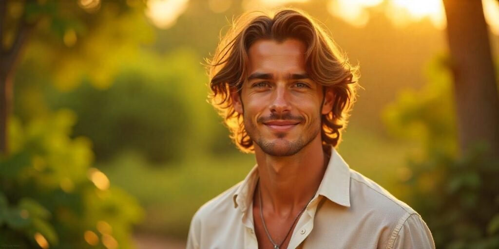 Young man with oval face sporting relaxed beachy boho waves hairstyle, light beige shirt, romantic outdoor background.