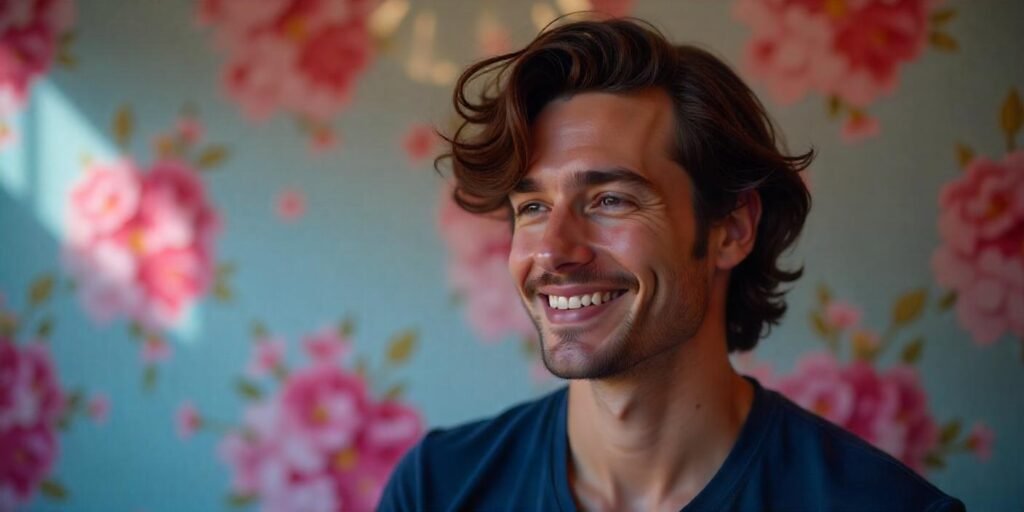 Realistic young man with side-parted voluminous curls styled with curling iron in a romantic background
