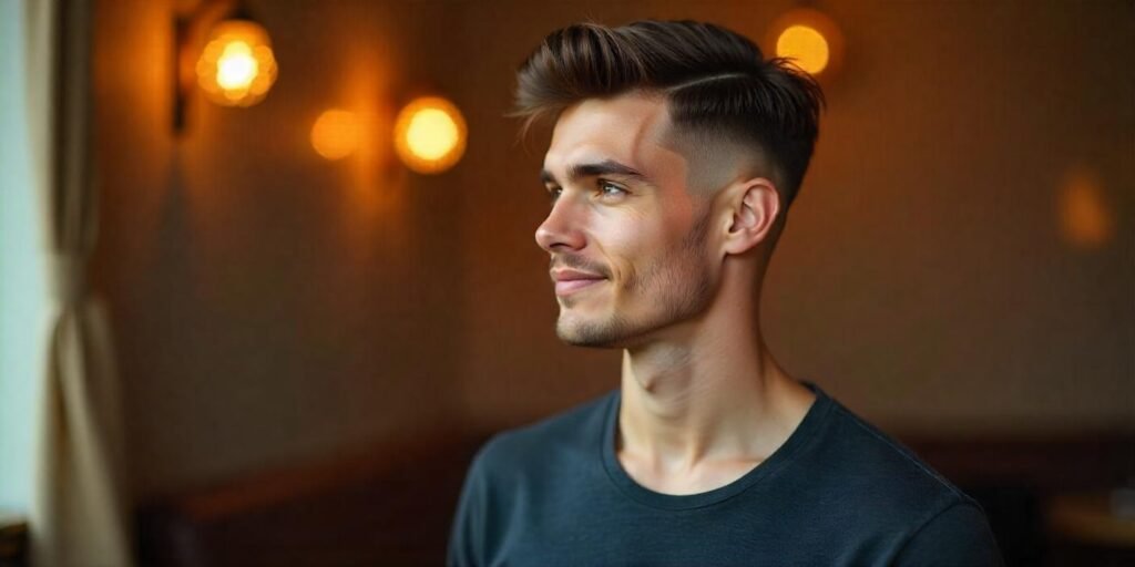 "Young man with a crew cut hairstyle featuring textured layers, casual outfit, romantic background."