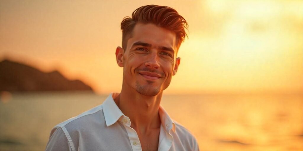 "Man with slicked-back hairstyle and layers, dressed in white shirt, standing in romantic setting."