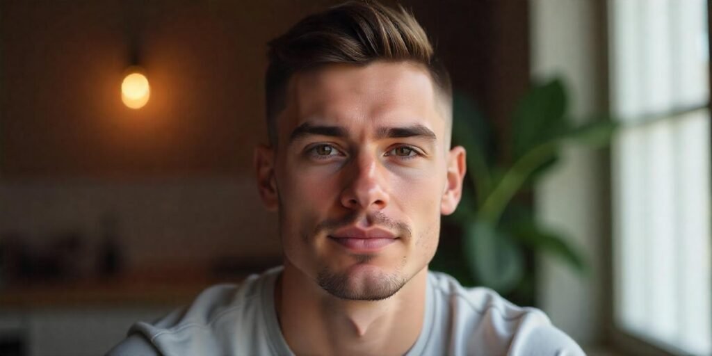 Realistic young man with rounded mid crew cut and textured top hairstyle in a romantic warm background

