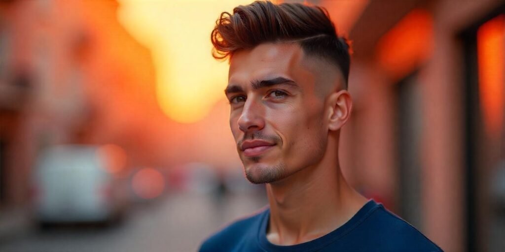 Young man with rounded high and tight crew cut hairstyle, clean-shaven, navy blue shirt, romantic background


