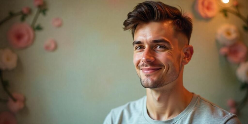 Young man with lengthy top crew cut hairstyle for thinning hair in casual gray t-shirt with romantic background


