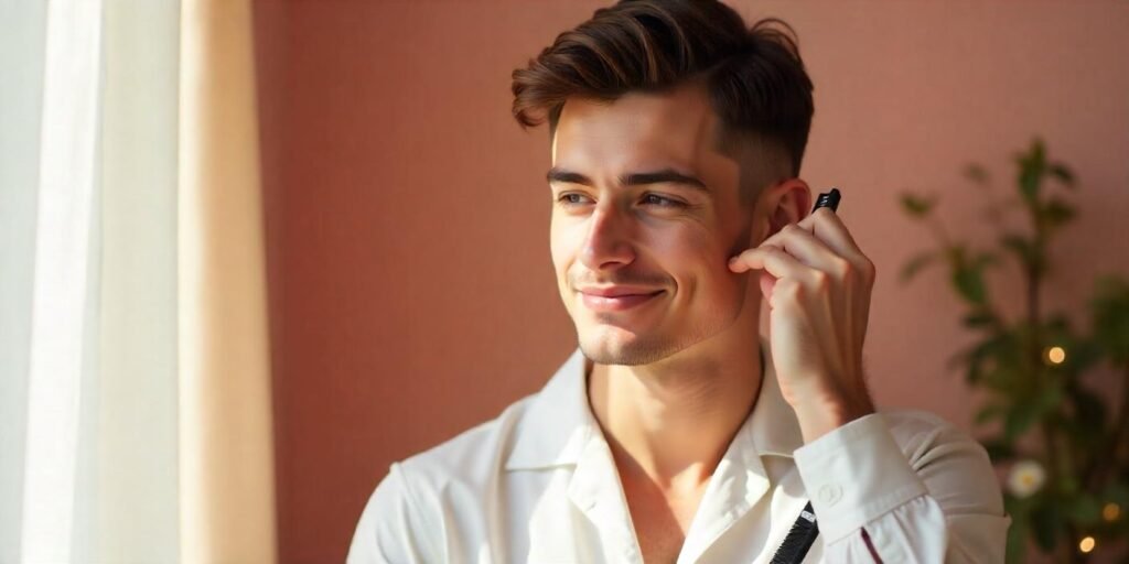 Young man with classic crew cut hairstyle applying hair cream, wearing white shirt in romantic soft background

