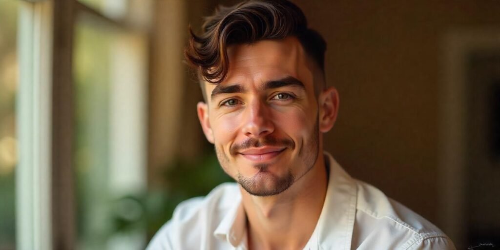 Young man with thick hair styled in low taper and square fringe crew cut wearing white shirt in romantic background

