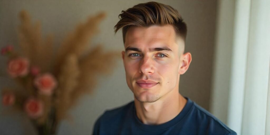 Real photo of a boy with beveled mid-line crew cut, sharp close-trimmed sides, and structured hair top in a romantic background

