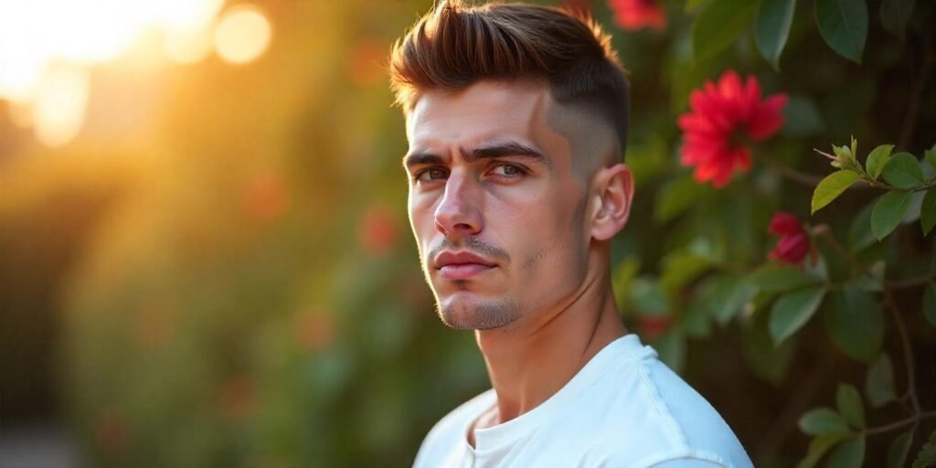 Young man with low-taper line up crew cut hairstyle, clean fade, white shirt, calm expression, romantic outdoor background

