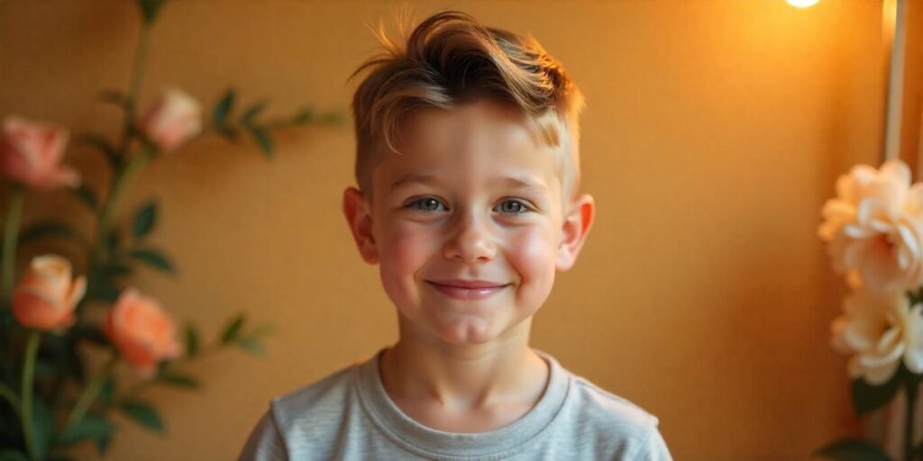 Young boy with natural wave mid crew cut hairstyle wearing gray t-shirt in romantic soft light background

