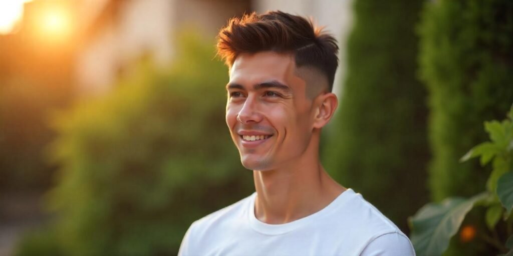 Realistic young man with straight hair in a textured crew cut wearing a white shirt outdoors with a romantic background

