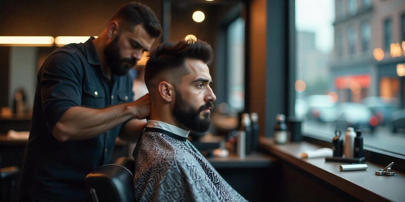 Stylish man with low burst fade haircut, sharp contrast, and defined facial features in barbershop