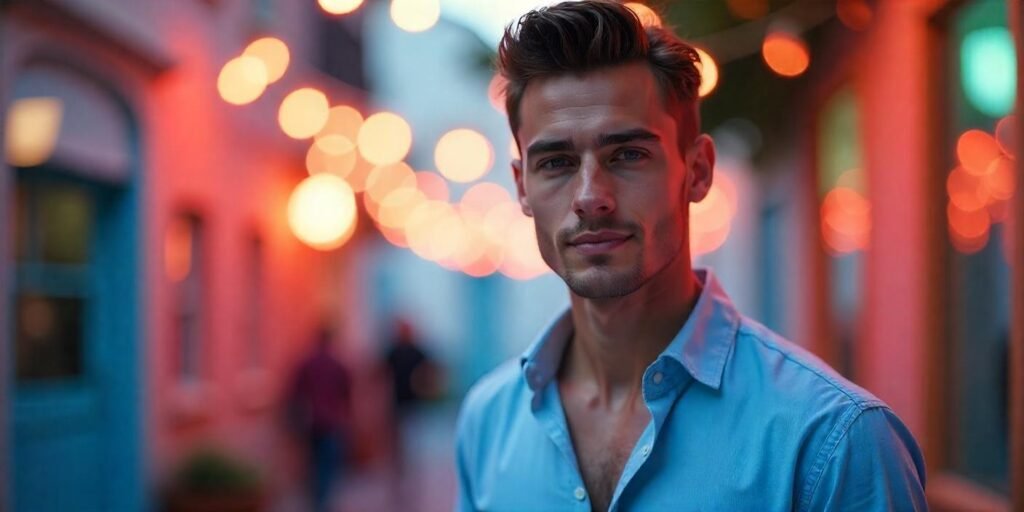 A young man with a textured quiff hairstyle, wearing a light blue shirt in a romantic setting, showcasing confidence.
