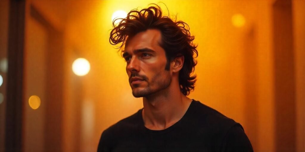 "Messy mullet hairstyle for men with curls, casual and romantic background."