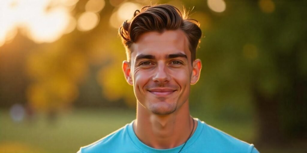 Real-life image of a young man with a curtains taper fade hairstyle, casual attire in a romantic outdoor setting.