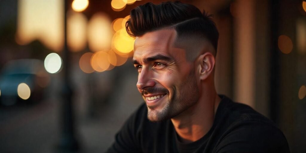 Realistic Caesar haircut with fade, angular hairline, and shaved design, in a romantic background for men.