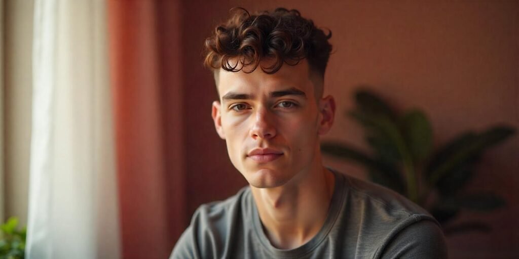 "Man with curly taper fade hairstyle, casual t-shirt, and romantic background"