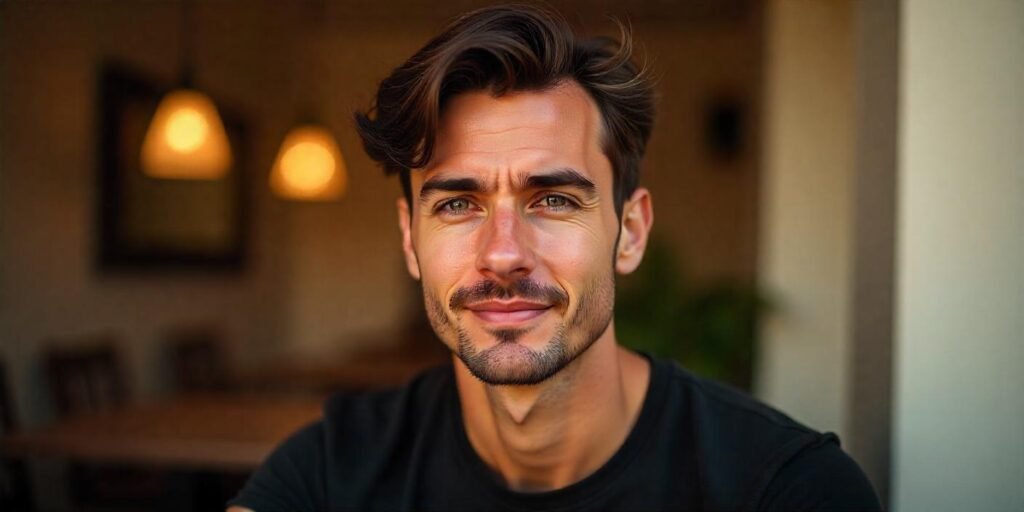 "Man with a medium-flow cut featuring flipped ends, styled with a black T-shirt and a romantic, warm-toned background."