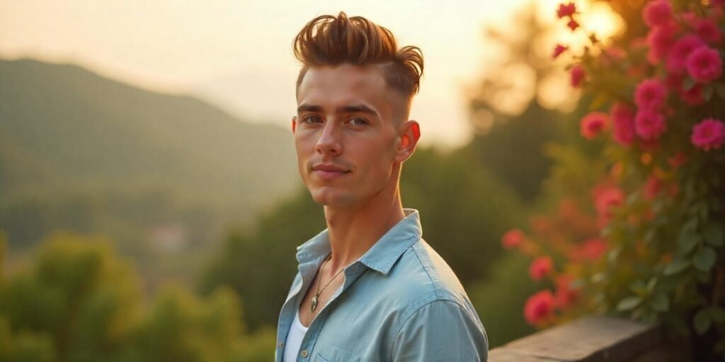 "Realistic photo of a young man with an undercut mullet hairstyle, styled for oval face shapes, set in a romantic outdoor background."
