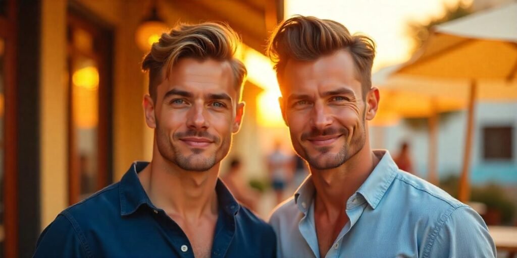 "Two men showcasing quiff and pompadour hairstyles, dressed in dark blue and light grey shirts, in a romantic outdoor setting."