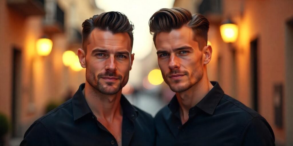 "Two men showcasing slicked back and pompadour hairstyles, both in black shirts, in a romantic outdoor setting."