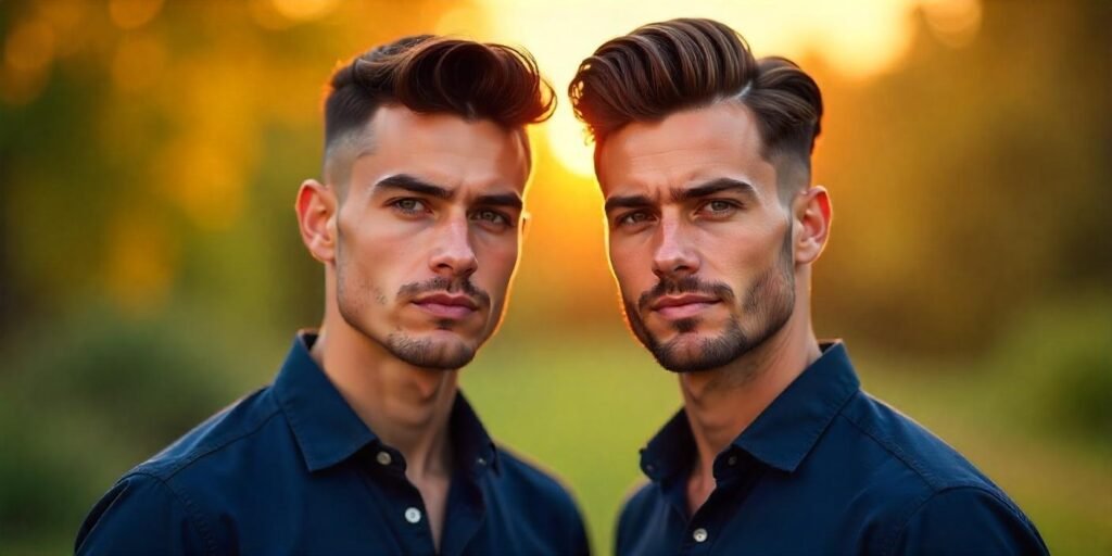 "Realistic image of two young men with modern comb-over and pomp hairstyles, dark brown hair, standing in a romantic sunset background."