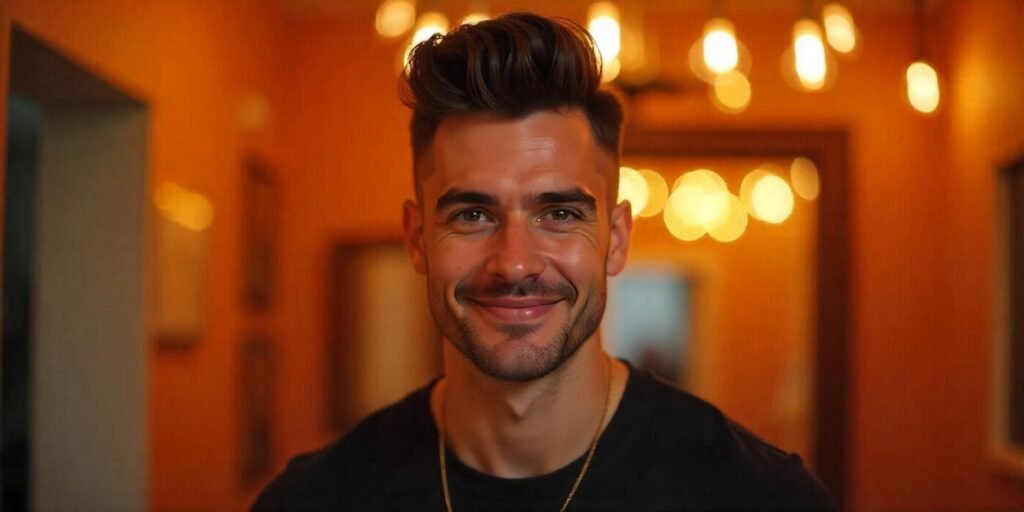 "Realistic image of a man with a pompadour hairstyle for an oval face, casual outfit, romantic background."
