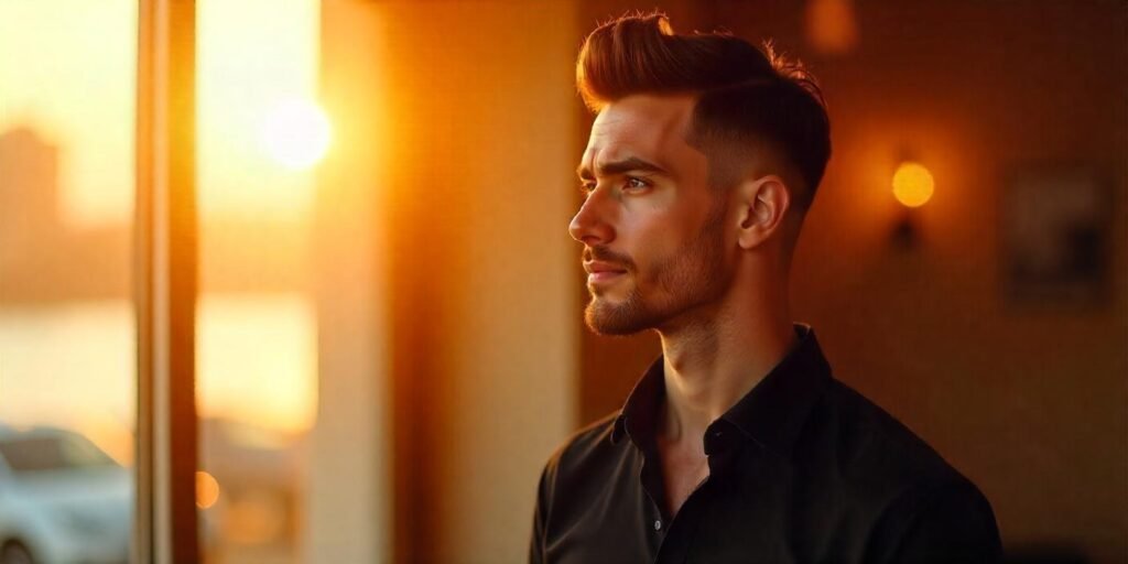 "Modern pompadour hairstyle for round faces with high fade, textured top, and stylish black shirt for men."