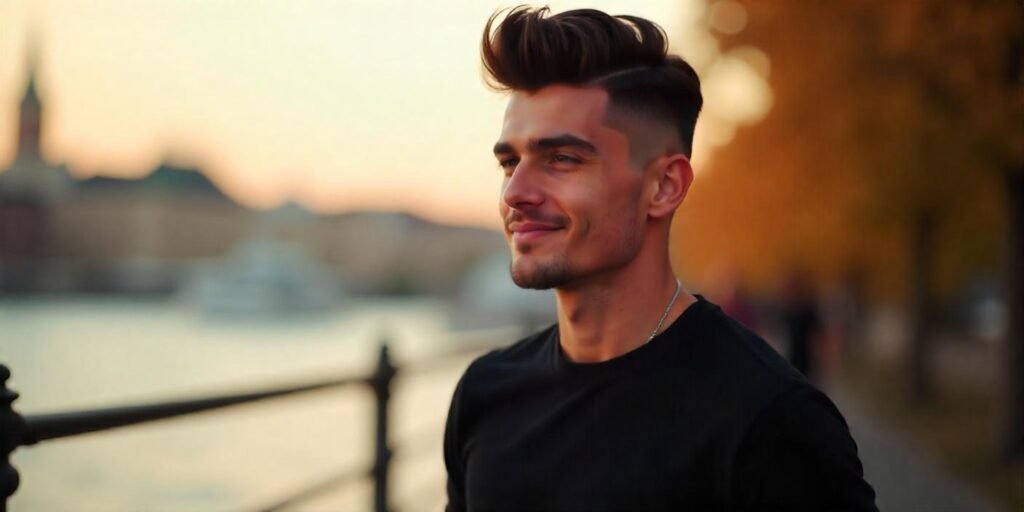 "Young man with Pompadour and low fade hairstyle, confident look in a romantic setting."