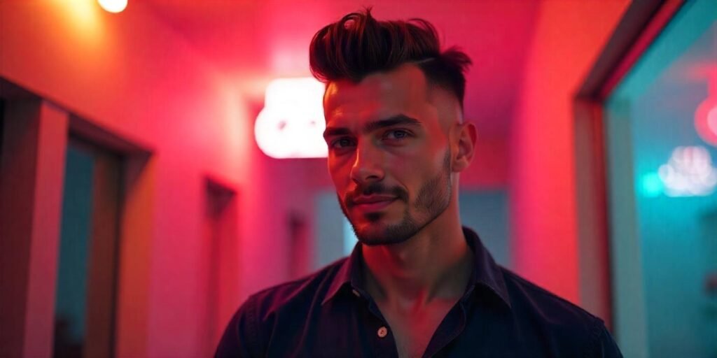"Pompadour hairstyle with mid fade on a man in a romantic setting, casual attire, and confident expression"