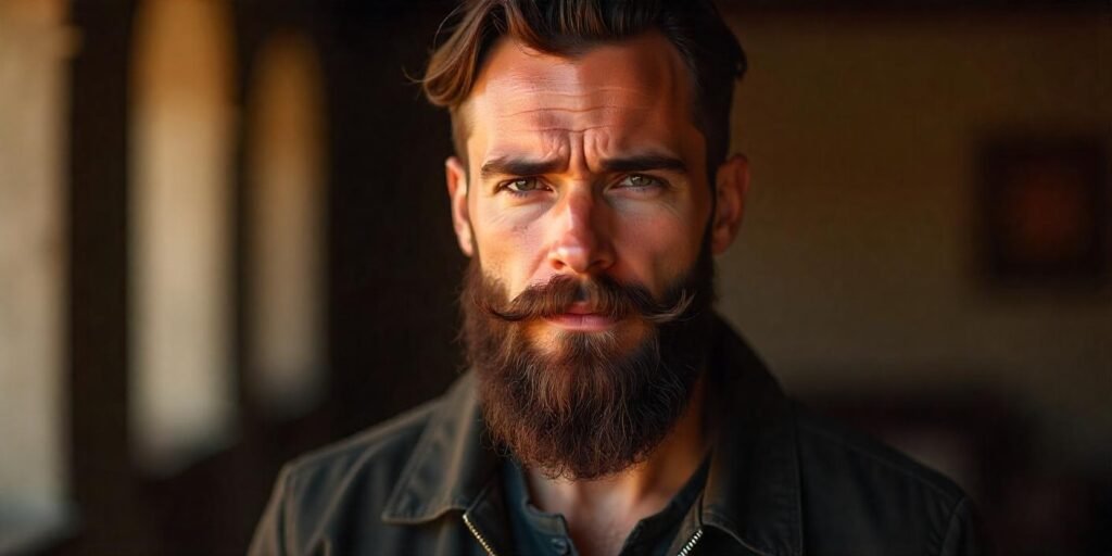 Man with a French Fork Beard, dressed in a dark jacket, in a romantic setting, exuding confidence.