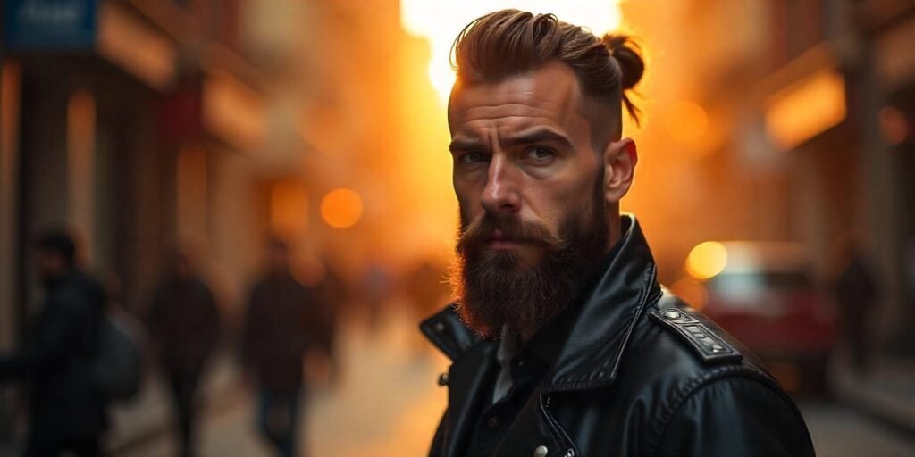 "Man with a well-groomed Ducktail Beard, dressed in leather jacket, showcasing the bold style."