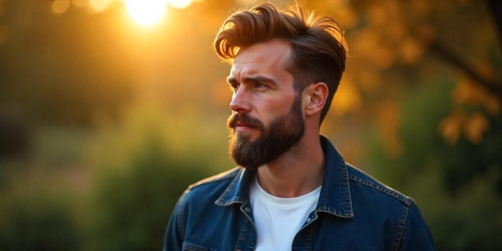 "Realistic image of a man with a Garibaldi beard, wide, rounded, and unkempt style with a romantic background."