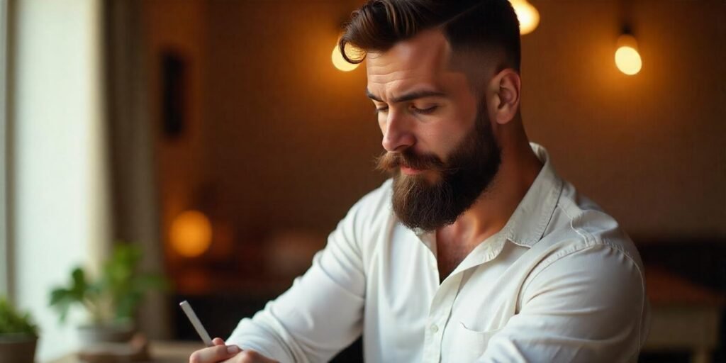 "Man with Verdi Beard grooming his beard and mustache in a romantic setting"