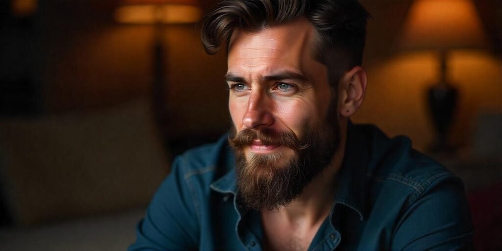 "Man with full Bandholz beard, relaxed expression, casual dark blue shirt, romantic background."