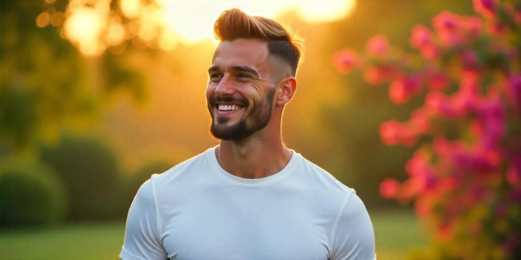 Realistic photo of a boy with a chin strap beard, clean-shaven upper lip, white T-shirt, romantic background