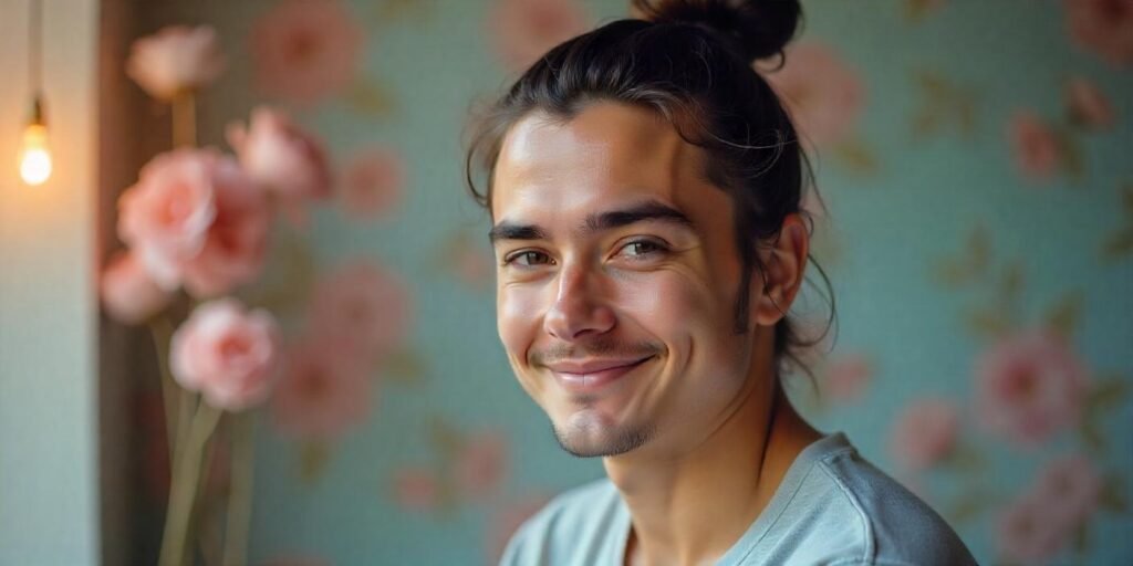 Young man with long top knot and center part hairstyle wearing grey shirt in romantic soft background