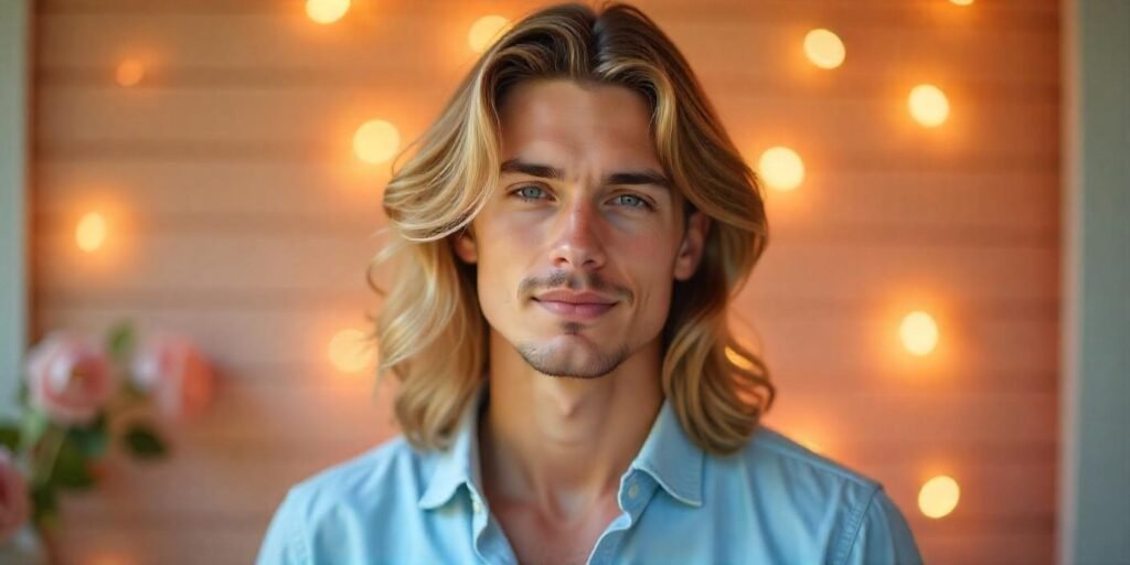 Young man with long wavy blonde balayage hair showcasing natural shine and dimension in romantic soft light