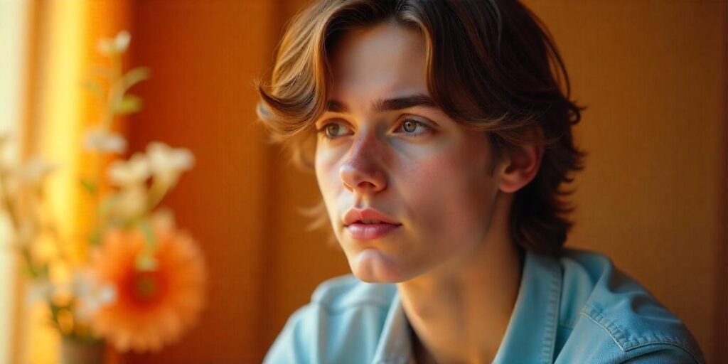 Young man with long layered hair and side-swept bangs wearing light blue shirt with romantic blurred floral background