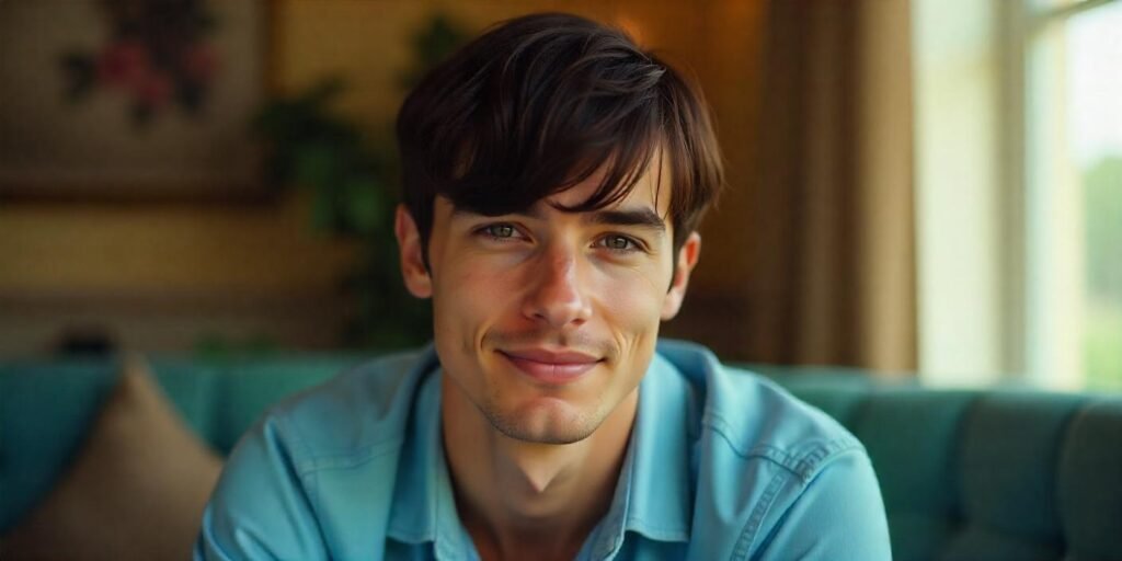Young man with thin hair styled in sixties modern shag with bangs, oval face, romantic background