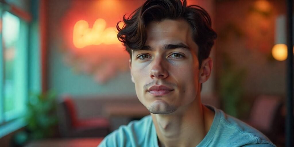 Young man with oval face soft romantic layered haircut and natural waves in a warm romantic background