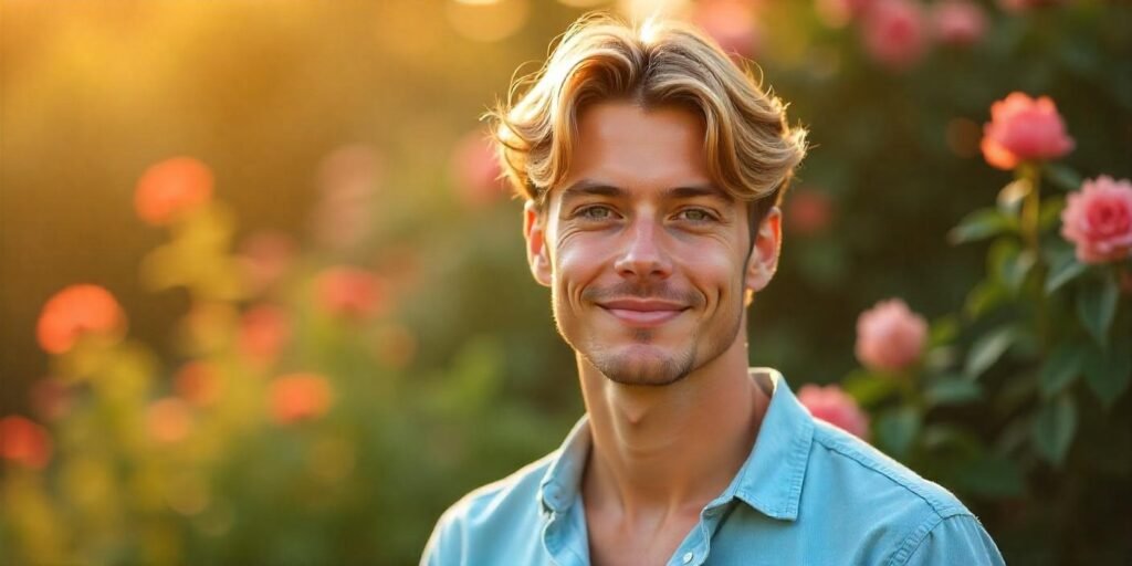 Young man with blonde wavy mermaid shag hairstyle and front layers in romantic garden setting