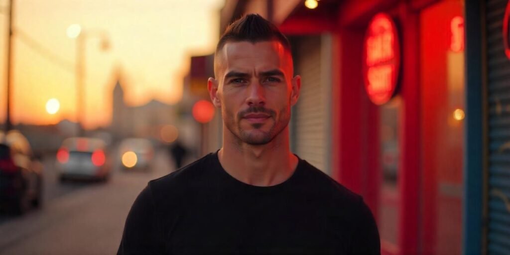"Classic buzz cut hairstyle for men with a fresh and confident look, styled in a romantic setting."