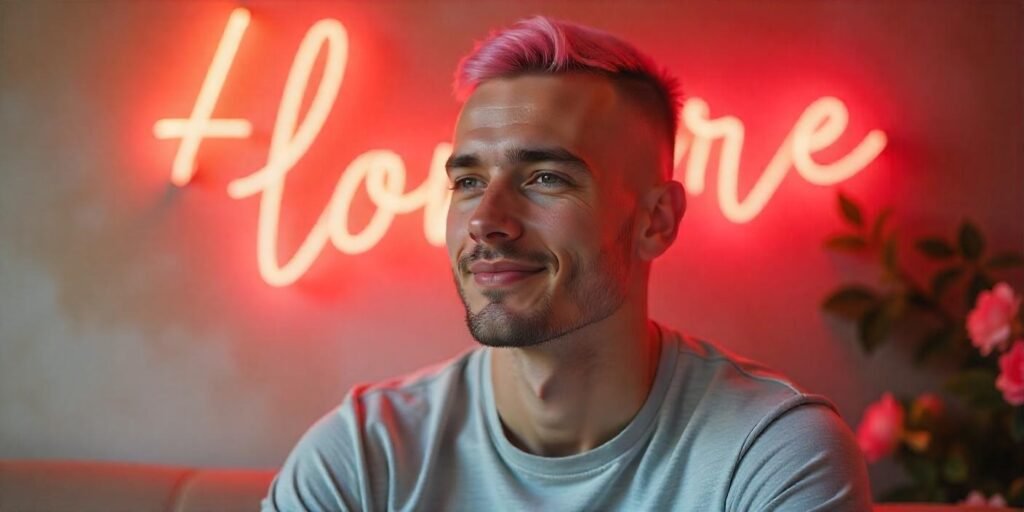 "Male with a pastel pink buzzcut hairstyle, showcasing a trendy and romantic vibe."