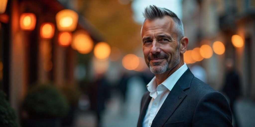 Silver-grey buzzcut hairstyle for men with a refined, tailored suit in a romantic outdoor setting.