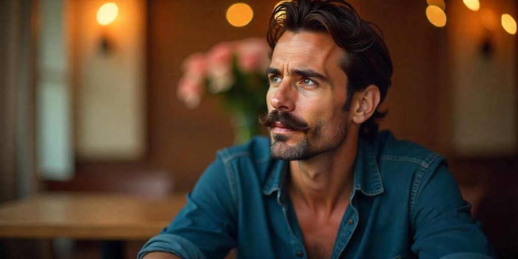"Man with a well-groomed mustache, casual dark blue shirt, romantic background, and real neck expression."