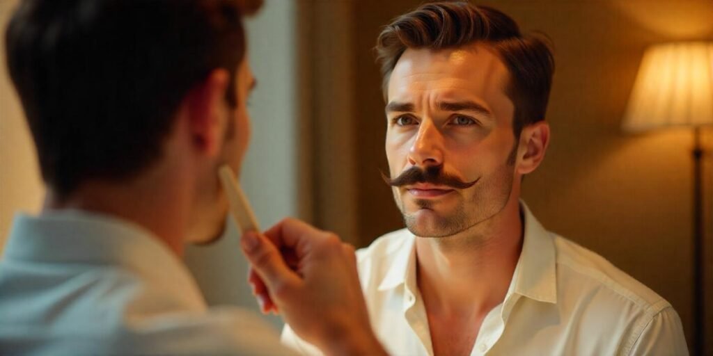 "Young man with classic mustache styled neatly, wearing a white shirt, with a romantic background, showing confident expression."