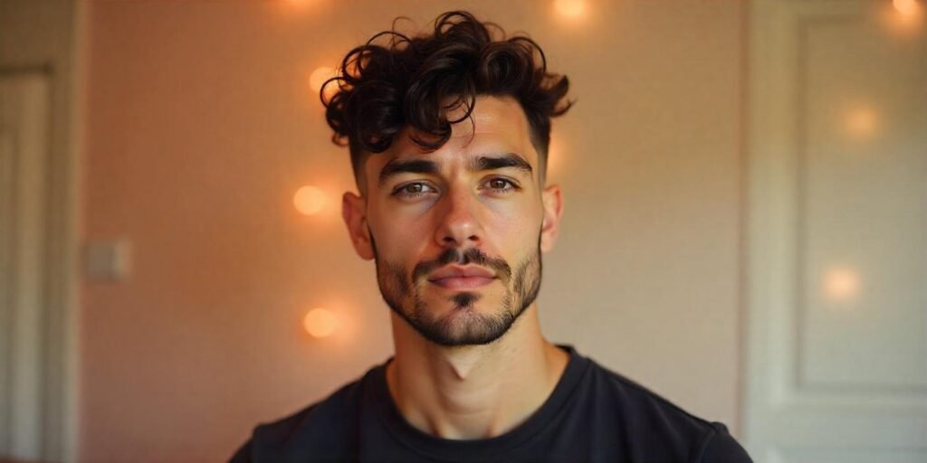 "Curly fade hairstyle for men with oval face, styled with taper fade and natural curly hair."
