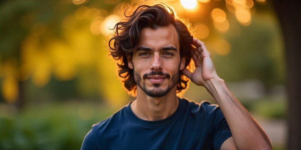 "Young man with long curly hair fade, polished curls, and a relaxed confident expression in a romantic outdoor setting."